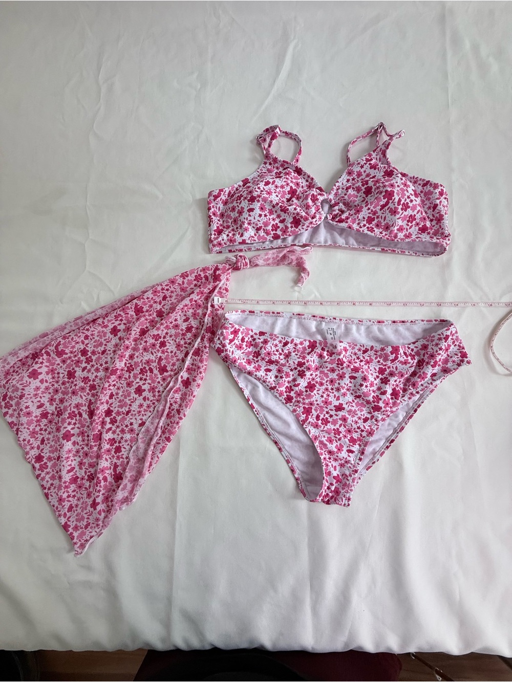 Pink Floral Three-Piece Bikini Set with Sarong never worn